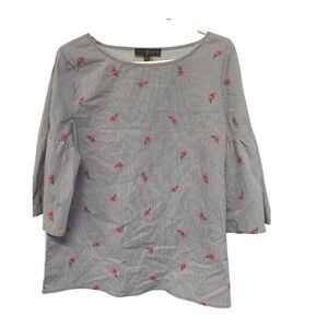 Fred David Blue Striped Blouse with Pink Rose Embroidery